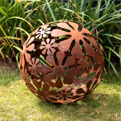 flower sphere garden sculpture rustic ornament rusty art